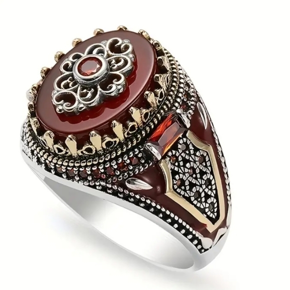 Crown Ring Engraved Eagle Print Red Synthetic Gemstone Ring Size 6 - Picture 4 of 6